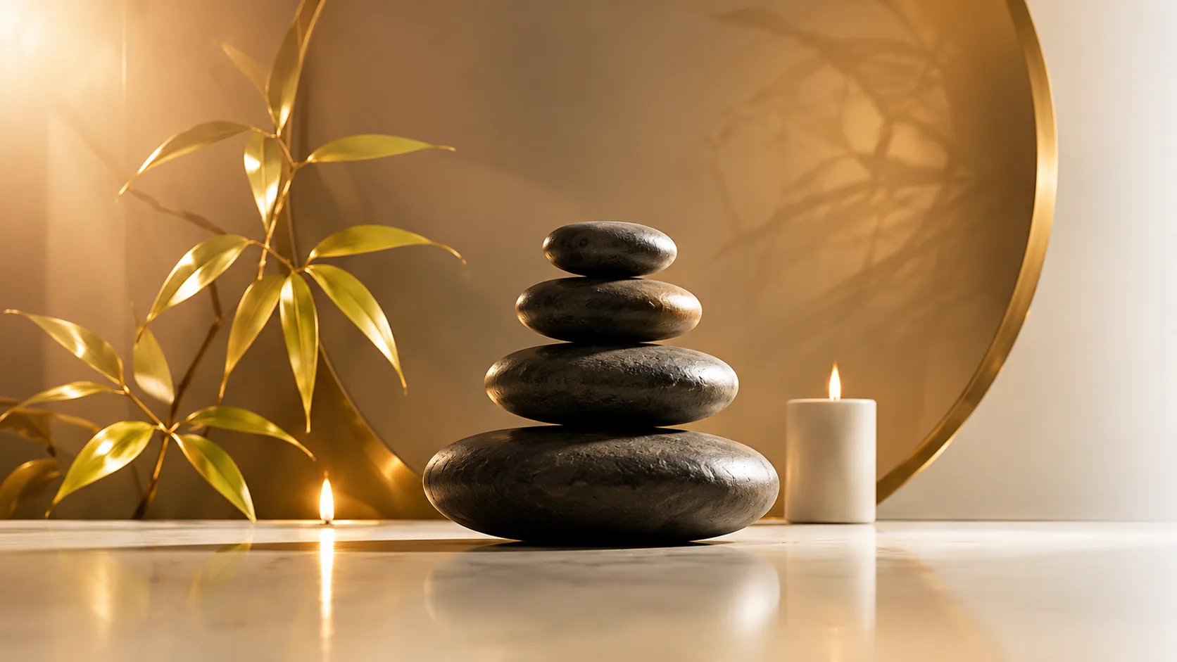 Zen stones and candle with golden light